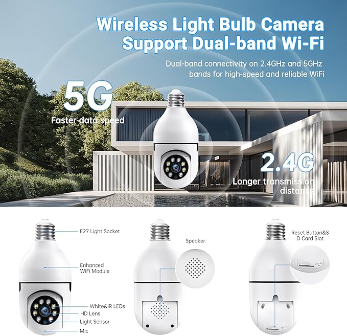 5MP Light Bulb Security Camera Outdoor, 5G&2.4GHz WiFi Lightbulb Outdoor Wireless Security Cameras for Home Security, Two-Way Talk,Color Night Vision, No-Drill, 2-in-1 Bulb Security Camera