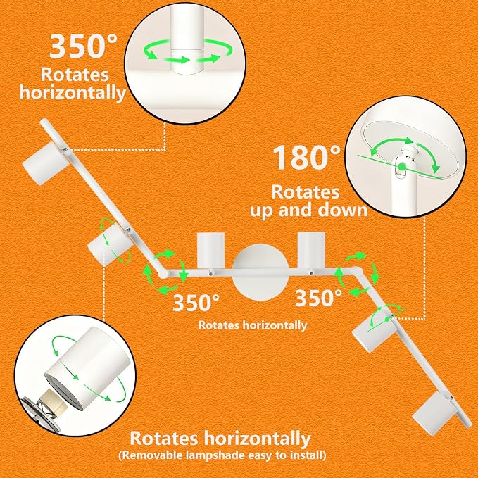 Plug in Track Lighting Kit, 120cm LED 6 Light Kitchen Track Lighting, Corded Wall Light with 16.4ft Cord, 6 Way Ceiling Spot Lighting Flexibly Rotatable Head Includes 6 x GU10 Bulb (6-White-120cm)