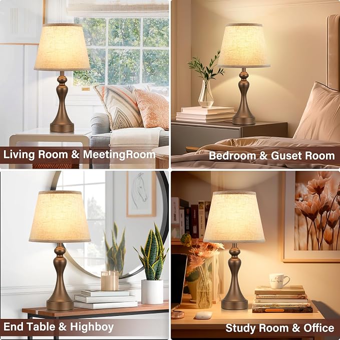 Touch Lamps for Nightstand, 3 Way Dimmable Bedside Lamps with USB C+A Ports | Touch Control, LED Bulb Included, Small Brown Table Lamp for Bedroom, Night Stands, End Table, Gift，Corded，Beige Shade