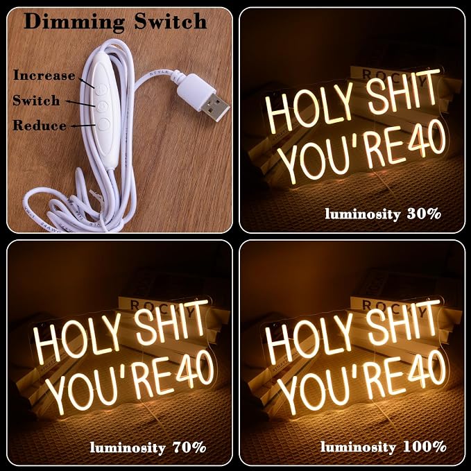 40th Birthday Neon Lights Holy Shit You're 40 LED Signs Forty years old for 40th Wedding Anniversary Party Decorations Warm LED Light for Wife, Mom, Daughter, Sister, Aunt