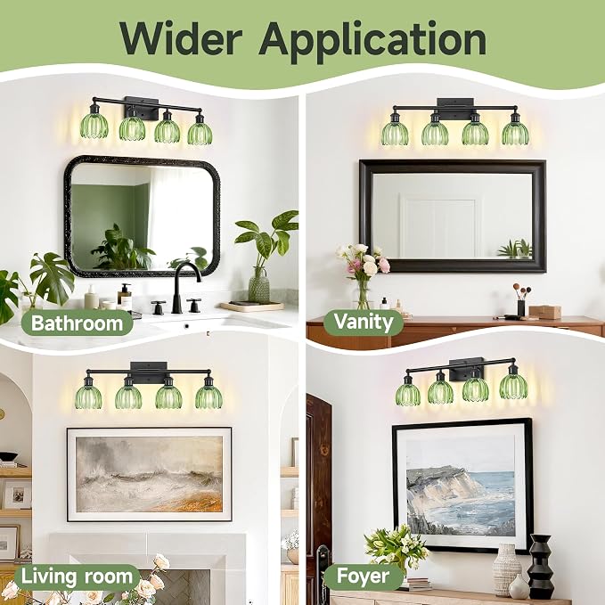 Vanity Lighting Fixtures,4 Light Bathroom Vanity Light,Black Bathroom Light Fixtures Over Mirror,27.2 in Vintage Sconce with Green Tulip Glass Shade for Bedroom,Dressing Table, E26 Base