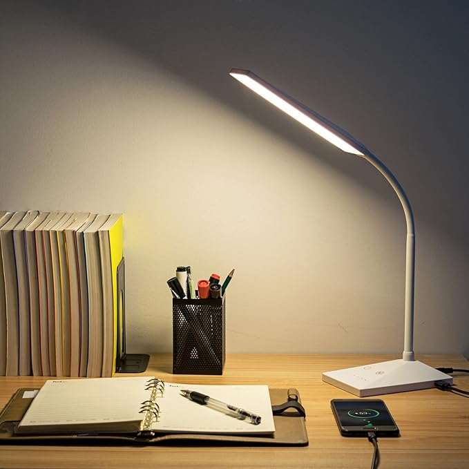 LED Desk Lamp, 12W Dimmable Table Lamp Eye-Caring Reading Light with USB Charging Port Touch Control 5 Color Modes 7-Level Brightness Adjustable for Office Home Bedroom (White)