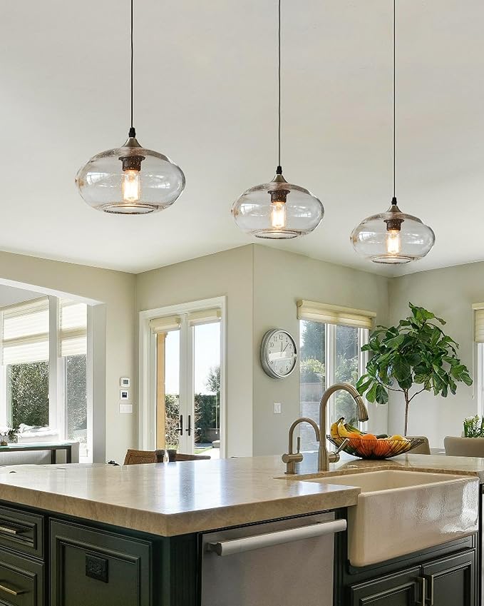 ARIAMOTION Pendant Lights Kitchen Island Hand Blown Glass Hanging Light Fixtures Modern Rustic Clear Seeded Bubble Sink Coffee Table Bedroom Dining Room Oval Lamp 9.4 inch Diam