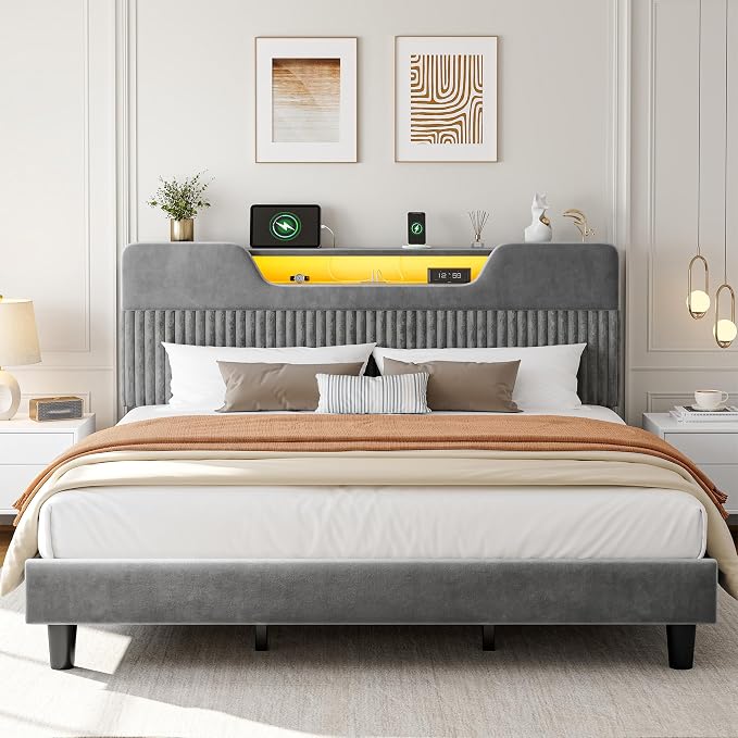 Homkdom King Bed Frame with Charging Station & Storage Headboard,Grey | 1USB-C & 2USB-A Charging, RGB LED Lights,7.78" Under-bed Storage,Velvet Upholstered Headboard,No Box Spring,Easy Assembly.