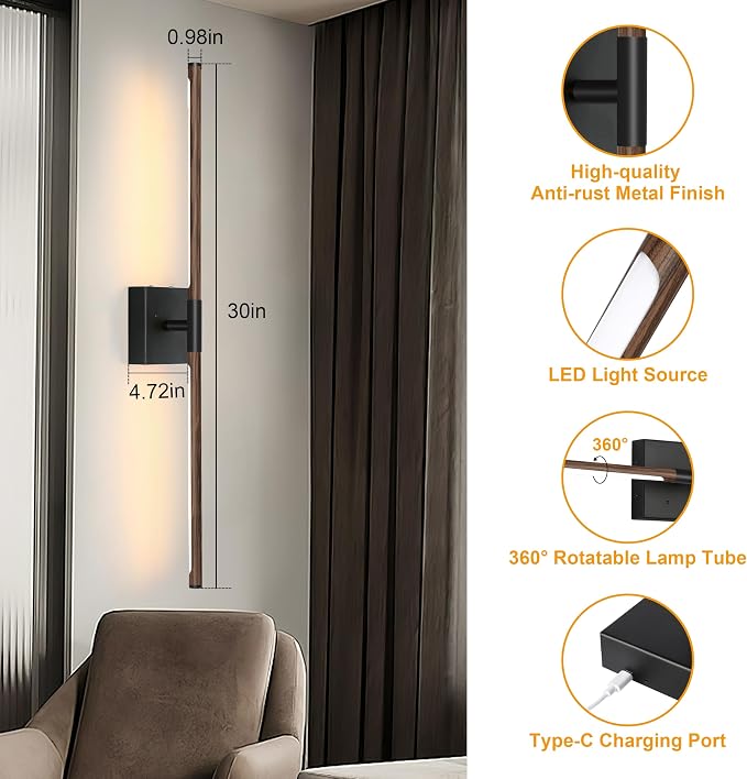Morauroral Walnut Black Battery Operated Wall Sconces with Remote Control, Rechargeable Wall Sconces Set of 2, LED Sconces Wall Lighting, Wireless Wall Lights for Bedroom, Living Room, Background Wall