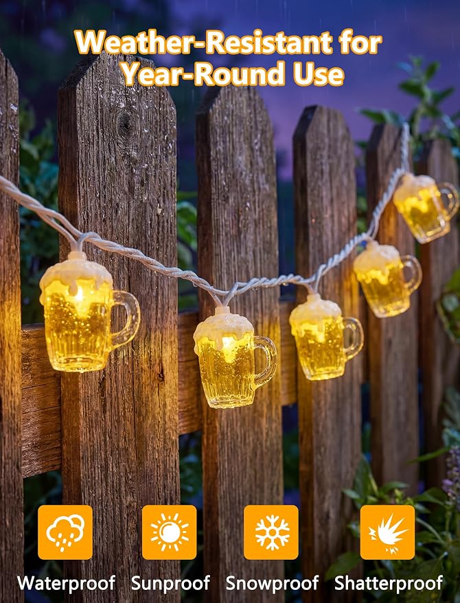 LED Beer Mug Camping String Lights, 8.5Ft Hawaiian Decor Lights Plug in | Connectable Tropical Beach Outdoor String Lights, 10 3D Beer Cup Bulbs, Summer Decor for Tent Holiday Party Garden