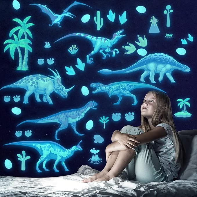 Glow in The Dark Dinosaur Wall Decals Dinosaur Room Decor for Bedroom | Glowing Self-Adhesive Stickers for Ceiling, Removable Wall Stickers Children's Room Stickers Boys and Girls Room Decoration
