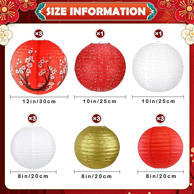 14Pcs Chinese Japanese Paper Lantern Assorted Sizes (8" 10" 12") Hanging Red White Gold Chinese Lanterns for Lunar New Year Chinese New Year Decorations 2026 Japanese Party Decorations