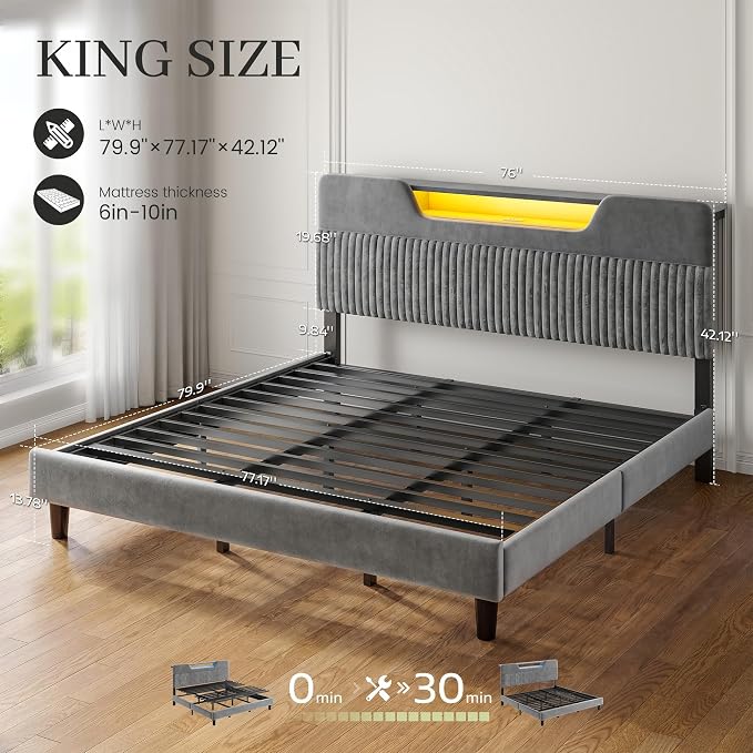 Homkdom King Bed Frame with Charging Station & Storage Headboard,Grey | 1USB-C & 2USB-A Charging, RGB LED Lights,7.78" Under-bed Storage,Velvet Upholstered Headboard,No Box Spring,Easy Assembly.