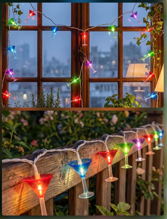 10 LED Cocktail Glass Lights, 8.5Ft Tropical Beach Camping String Lights | Plug in, Multicolor Margarita Drink Cup, Summer Hawaiian Outdoor Decor for Camping Tent Holiday Party Garden