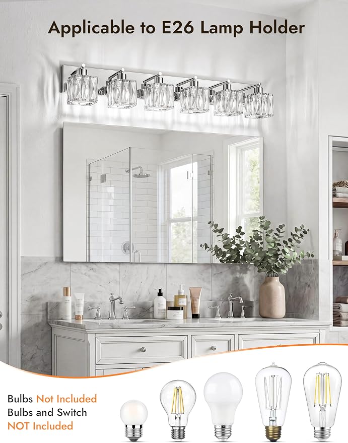 VOLISUN Chrome Bathroom Light Fixtures, Modern Stainless Steel Bathroom Lighting Fixtures Over Mirror, 6 Light Bathrooms Vanity Light, Crystal Vanity Light for Bathrooms-UL Certificated(Exclude Bulb)