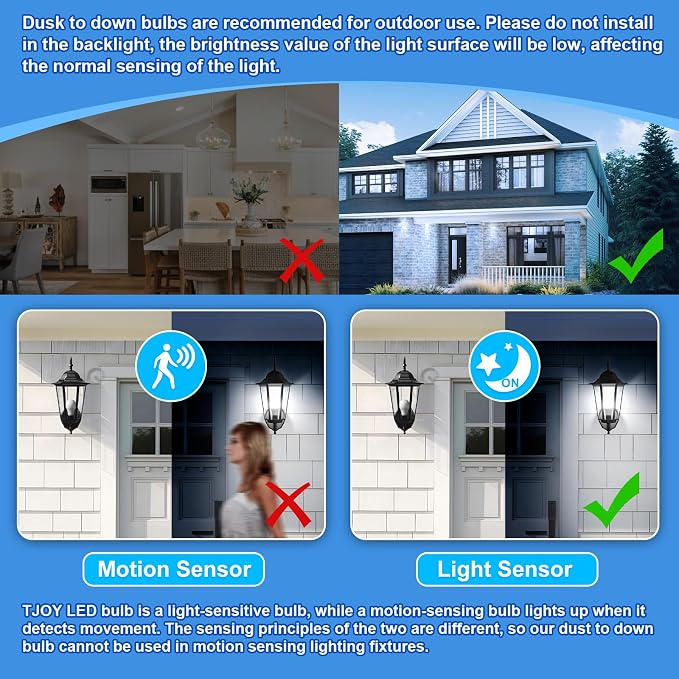 TJOY Dusk to Dawn Light Bulb Outdoor, Light Sensor, Automatic on/Off, 5000K | Photocell A19 LED Bulb for Outdoor Porch Lighting, 60W Equivalent, Energy Efficient 9W, Daylight, E26 Base, 4 Pack