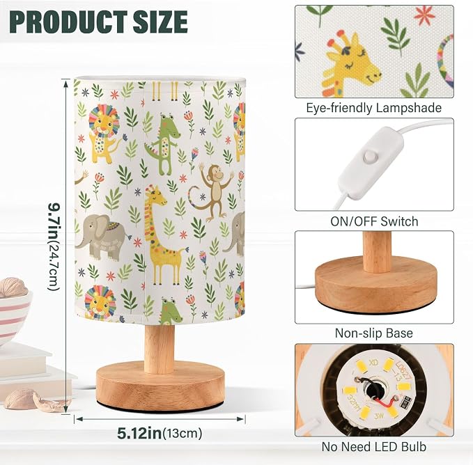 Jungle Animal Pattern Table Lamp with Wood Base and Fabric Shade for Living Room, Bedroom or Kids Room