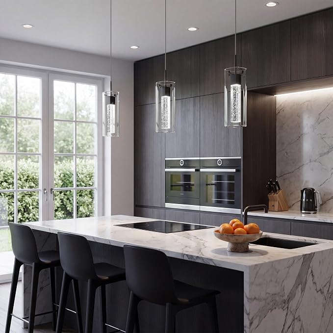 Pendant Lights Kitchen Island, 1 Pack 6500K LED Kitchen Lighting Crystal Island Light with Bubble Glass, Matte Black Kitchen Hanging Light Fixture Modern Pendant Ceiling Light Fixture