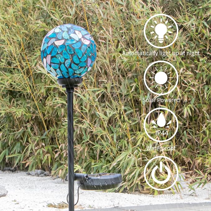 VCUTEKA Decorative Solar Garden Lights, 3.5" Mosaic Globe Outdoor Stake | Mosaic Glass Globe Design, Solar LED Light, Waterproof Design, Auto On/Off and Metal Stake Design for Lawn and Patio