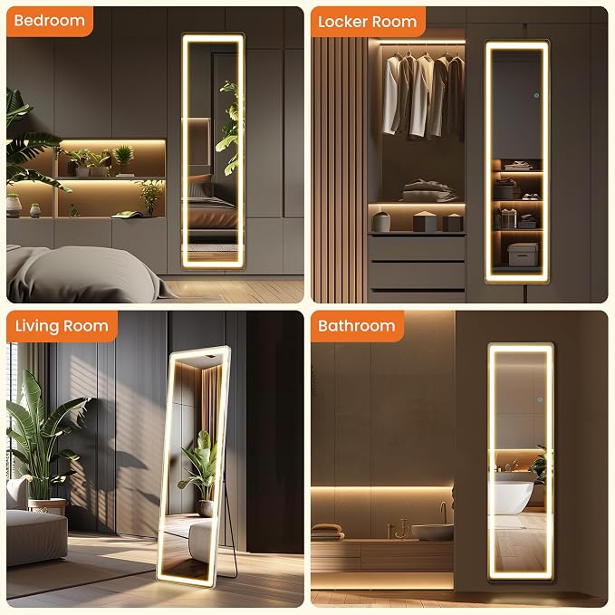 60x16 Inches Full Length Mirror with Lights, Free Standing Floor Mirror | 3 Color Lighting and Dimming for Various Makeup and Outfit Checking , Sturdy Aluminum Frame for Bedroom Décor and Daily Use