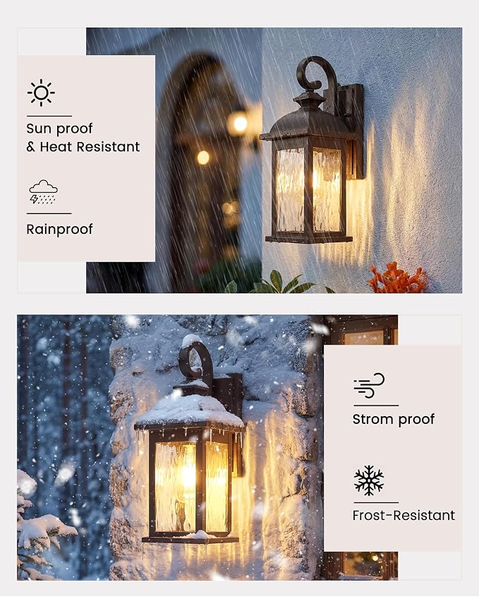 FEMILA Dusk to Dawn Outdoor Wall Sconces, 15" ORB Front Porch Light Fixtures Wall Mount, Exterior Light for Patio, Entryway, Garden, Water Ripple Glass, UL Listed, 4FD54B-PC ORB-WP