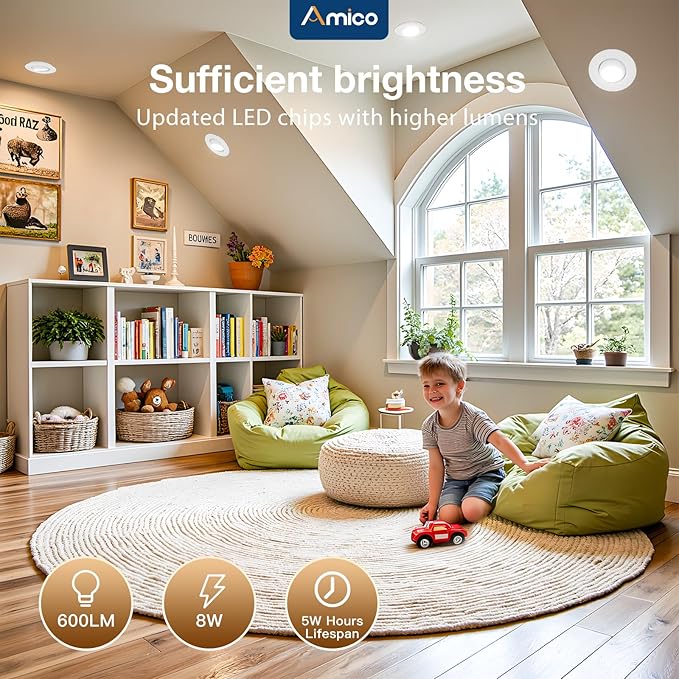 Amico 12 Pack 3 Inch 5CCT Eyeball LED Recessed Lighting, 360° Adjustable Rotation Gimbal Directional Downlight, Dimmable, 2700K/3000K/3500K/4000K/5000K Selectable, 8W 600LM CRI90+, ETL&FCC, White