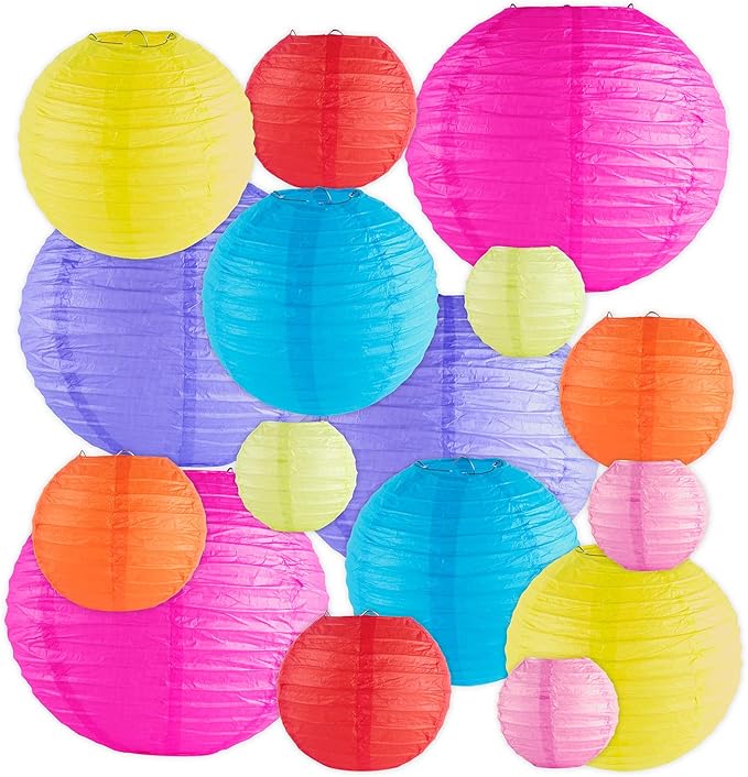 Super Z Outlet 16 Pack Assorted Colorful Decorative Chinese/Japanese Floating Sky Paper Lanterns Metal Frame for Events, Party Decoration (Multiple Sizes)
