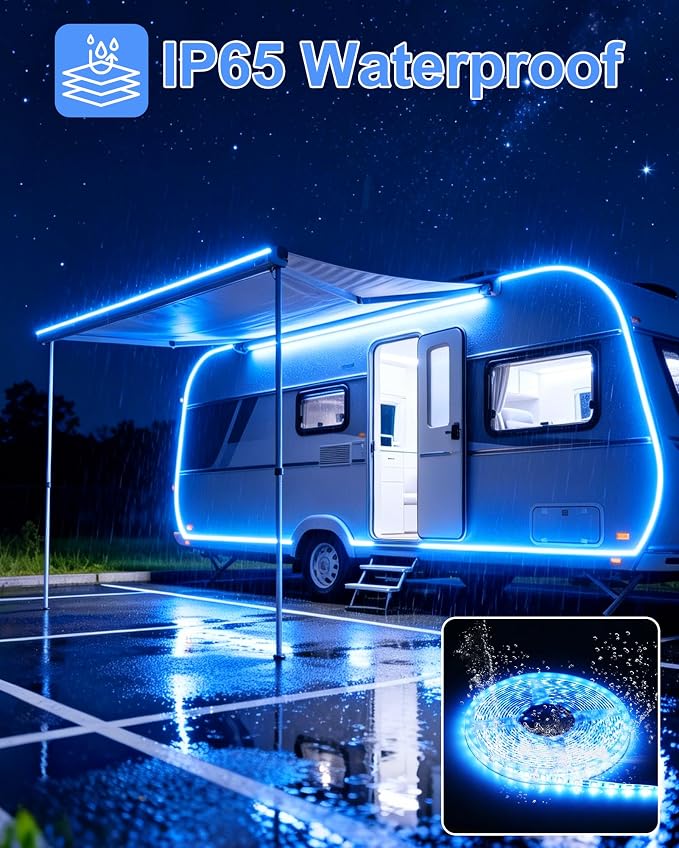 IP65 RV Awning LED Light Strip 12V 20FT for Exterior RV Capony Camper, Blue | Camper Strip Lights for Motorhome Travel Trailer Concession Stands Food Trucks, Waterproof RV Exterior Underglow