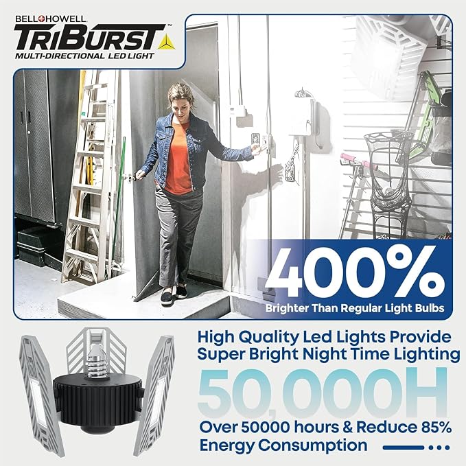 Bell+Howell Triburst Screw in LED Garage Lights, 4000LM LED Shop Lights for Garage, Shed, Attic, Screw-in E26/E27, 3 Light Panels, Easy to Install, 4000K | LED Shop Lights for Garage, Shed, Attic, Screws into E26/E27, 3 Light Panels, Easy to Install, 4...