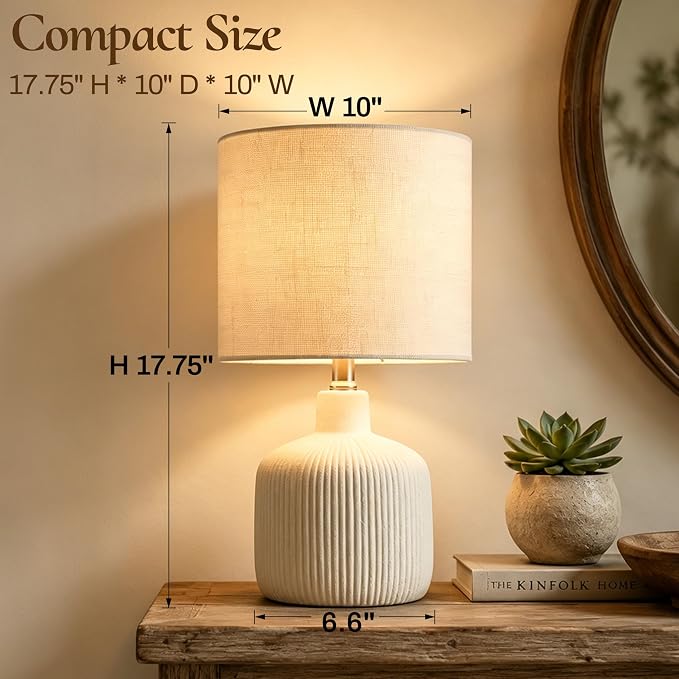 Ceramic Table Lamp, Off-White, 17.75" | Rustic Farmhouse, Beige Linen Shade, Warm Ambient Lighting, Bedside Nightstand