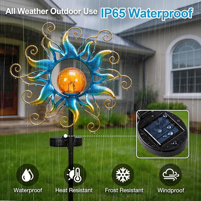 ZHQIAN Solar Lights Outdoor Garden Decor, Blue Metal Sun Crackle Glass Globe Stake Waterproof 30LED Decorations Unique Gifts for Women,Mom,Outside, Patio,Lawn,Yard,Pathway