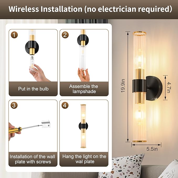 Morauroral Black Gold Battery Operated Wall Sconce, Rechargeable Wall Lights with Remote, 20 Inch Modern Wireless Wall Lamp for Bedroom, Living Room with Clear Glass Shade (Bulbs Included)