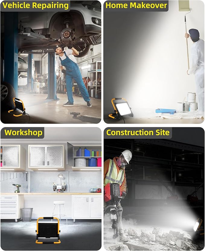 8400LM LED Work Light with 16FT Cord & Switch, IP66 for Garage Workshop | 70W Flood Light Outdoor, Portable Job Site Lighting with Stand, 5000K Daylight Worklight for Construction Car Repairing