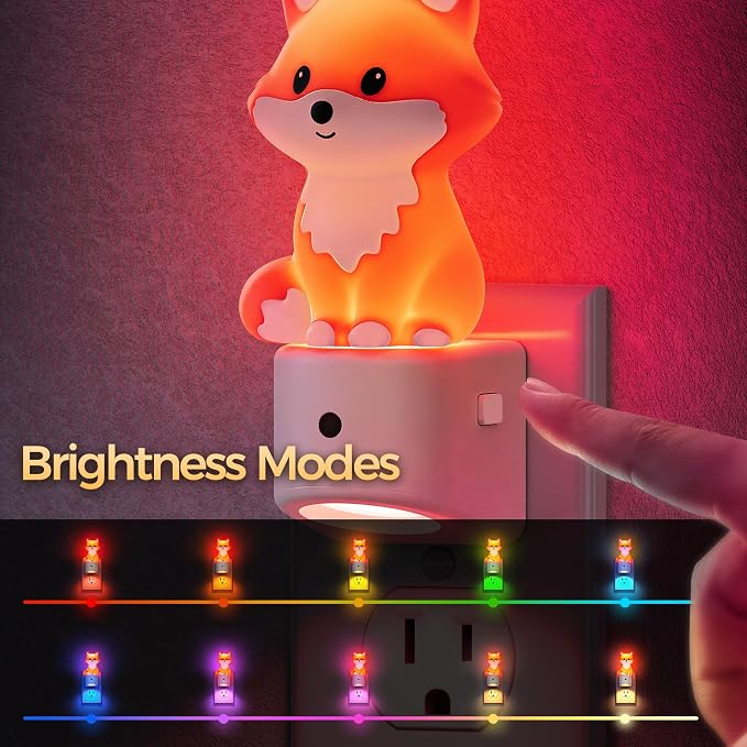 Night Light for Kids,Brown Fox Night Lights Plug into Wall | 8 Colors+ Soft White 3000K Nightlight,Dusk to Dawn Sensor,Nightlights for Kids Room Bedroom,Birthday Gift