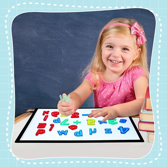 Kanayu Adjustable Brightness LED Light Panel 18" Classroom Light Table with 245 Translucent Pattern Blocks Letters Board Numbers for Sensory Play Creative Exploration Kids Home Learning Counting