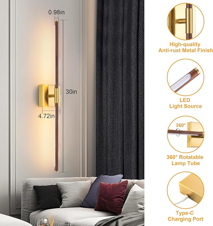 Morauroral Walnut Gold Battery Operated Wall Sconces with Remote Control, Rechargeable Wall Sconces Set of 2, LED Sconces Wall Lighting, Wireless Wall Lights for Bedroom, Living Room, Background Wall