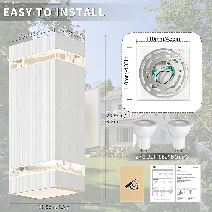 JYV Square Outdoor Wall Lights, Up and Down Porch Lights, White 2 Pack | Aluminum Exterior Lighting Fixtures with 2 * 7W Bulbs 3000K, Waterproof Outdoor Sconces Wall Lighting, for House Porch Garage