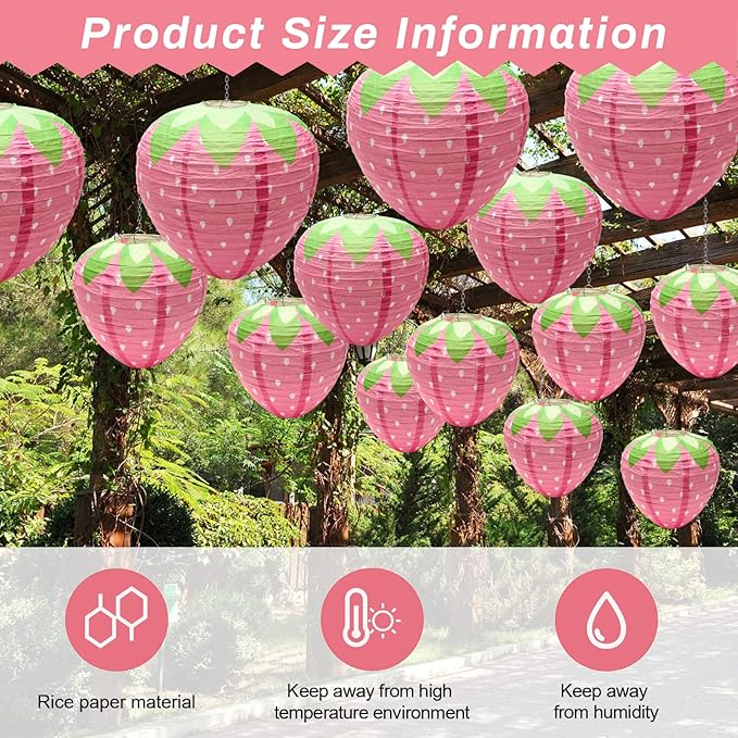 4 PCS Strawberry Paper Lantern Pink, Windspeed Large Strawberry Lantern Decorations Hanging Paper Lantern for Strawberry Party Decor 3D Strawberry Paper Lanterns 8 inch, 12 inch