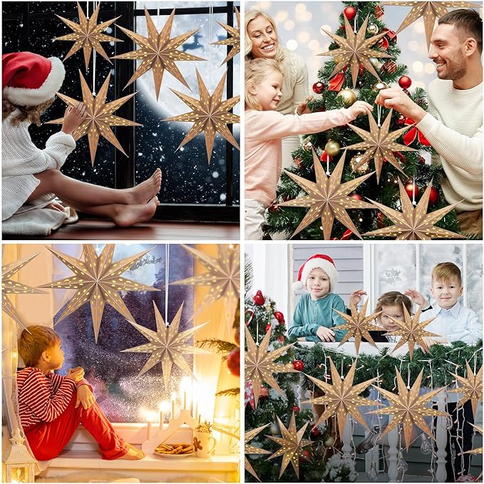 5-Piece 3D Paper Lantern - 24 inch Hollow Star Lamps - Xmas, Wedding, Birthday Multicolor Pack (9 Pointed Stars, Light Khaki)