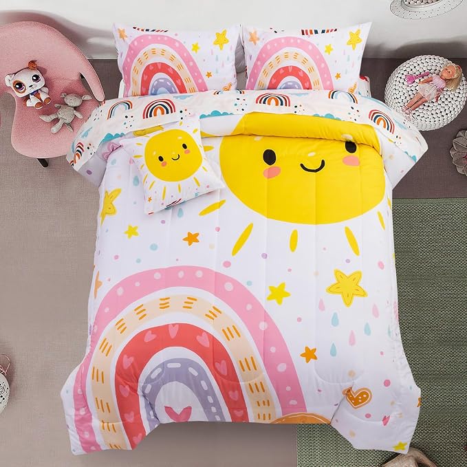 A Nice Night Lightweight Soft Cartoon Rainbow 6Pcs Queen Comforter Sets, Love Hearts Printed Bedding Set for Boys Girls(White,Queen)