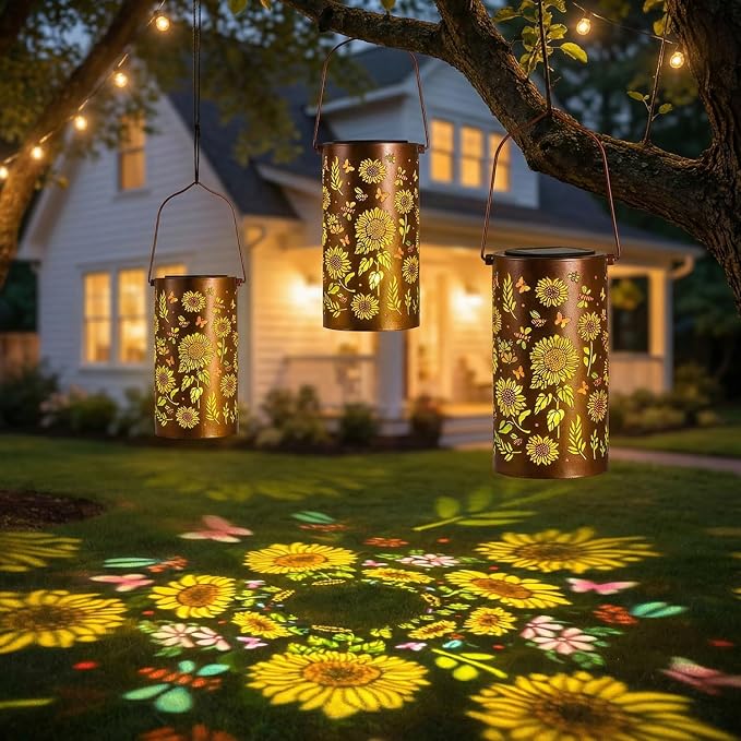 2Pack Colorful Solar Lanterns Outdoor Waterproof, Garden Decor Gifts for Women Mom Grandma - LED Colorful Sunflower Solar Powered Lights Metal Hanging Lantern for Outside Garden Patio Yard Lawn Porch