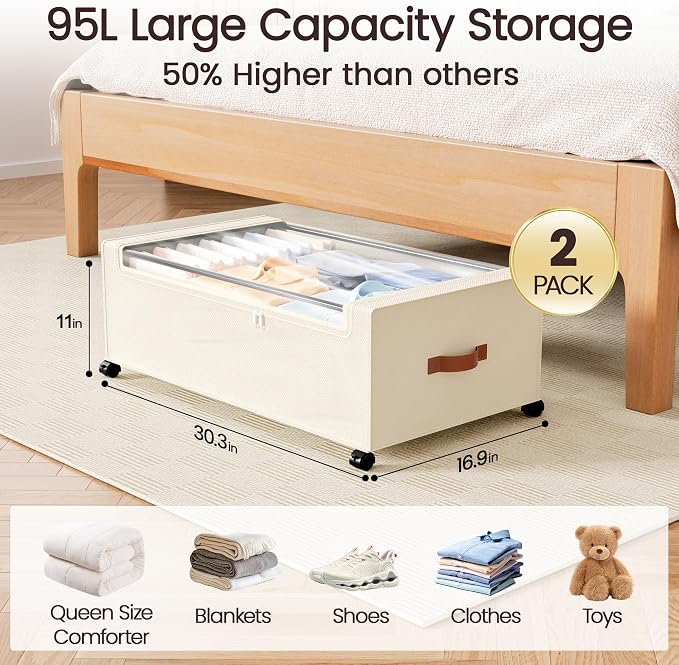 Yecaye 95L Under Bed Storage Containers, Fits 11" Under Bed, 2 Pack, Beige | XXL Capacity, 360° Rolling Wheels, Sturdy Metal Frame, Clear Window & Label, Storage Bins for Clothes, Shoes, Blankets