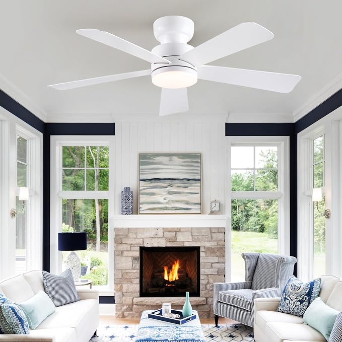 Asyko 46" White Modern Low Profile Ceiling Fan with LED Light and Remote | Flush Mount,Super Large Airflow with 6 Wind Speeds, Reversible, Dimmable 3 CCT LED Light, Quiet 30W DC Motor,2H Timer