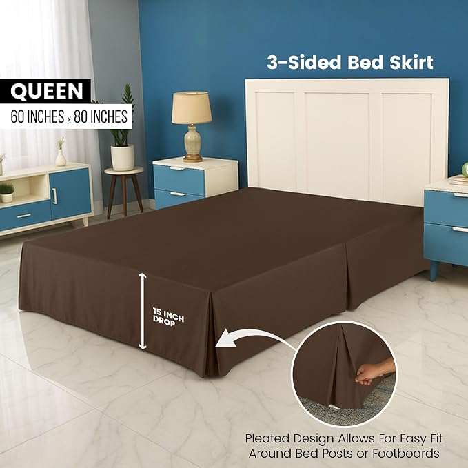 Queen Bed Skirt, Hides Under-Bed Storage 16 Inch Drop, Pleated, Brown | Easy Fit Design, Shrinkage & Fade Resistant, Hotel Style, Microfiber Durable Fabric, Machine Washable