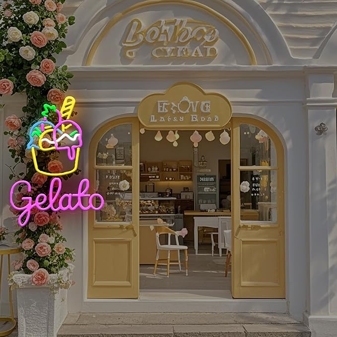Ice Cream Neon Sign Gelato Neon Sign Dimmable Wall Decor for Store Game Room Kids Room Party Decoration 17.6 * 13.2 Inch