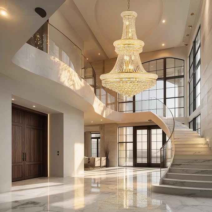 32" W 27 Light Luxury Foyer Chandeliers, Unique Empire K9 Crystal Chandelier for High Ceiling Foyer Entryway Living Room (Gold)