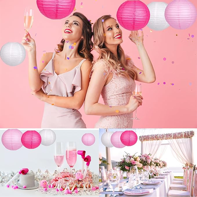 12Pcs Paper Lanterns 6”, 8”, 10”, 12”,Paperlanterns Party Decoration, Pink Paper Lanterns for Wedding, Bridal, Birthday, Outdoor, Home, Garden, Holiday and Party.
