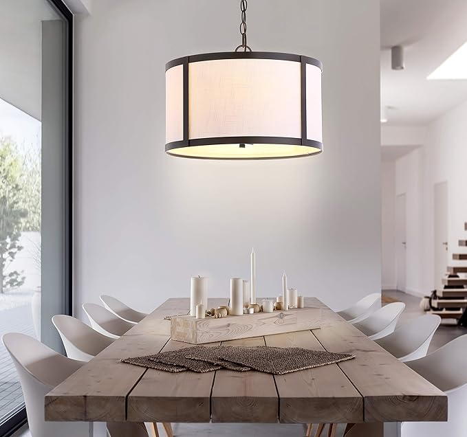 JONATHAN Y 17" Oil Rubbed Bronze Metal LED Pendant Light for Kitchen Island, White Linen Drum Shade, Transitional Ceiling Hanging Fixture for Dining Room, 4 Bulbs Included JYL3510A