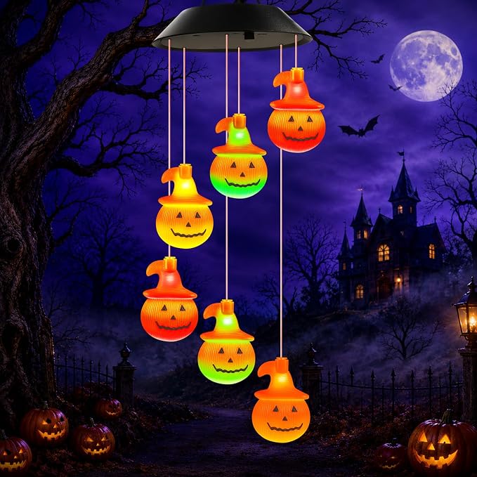 Winzwon Halloween Decorations Fall Decor Solar Pumpkin Outdoor Lights | Birthday Gifts for Women, Autumn Garden Yard Patio Porch Decor Hanging Wind Chimes for Outside