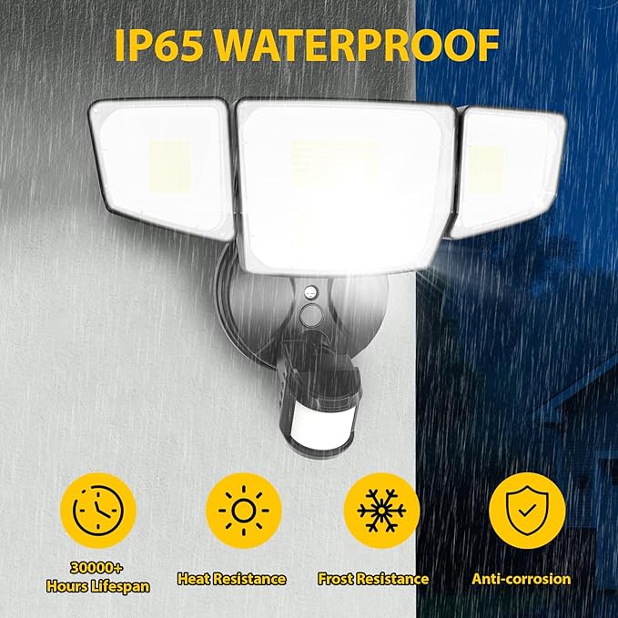 90W 10000LM LED Security Lights Motion Sensor Outdoor Lights, 4 Head Dusk to Dawn, 6500K Daylight Flood Lights Outdoor Motion Sensor, IP65 Waterproof, Motion Light for Outside, Garage, Yard, Porch