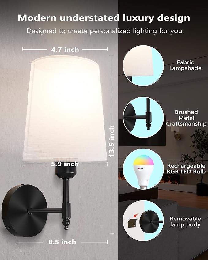 Battery Operated Wall Sconces Set of 2, Wireless Rechargeable Dimmable Wall Light with 5600mAh RGB Bulb and Remote for Bedroom, Living Room, Hallway, Black, 13.5in