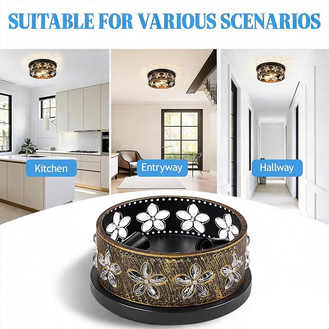 10.6 Inch Black Gold Flush Mount Ceiling Light Fixture, 2 Pack | 2-Light, Flower, Farmhouse, Kitchen, Dining Room, Bedroom, Living Room, Foyer, Entryway