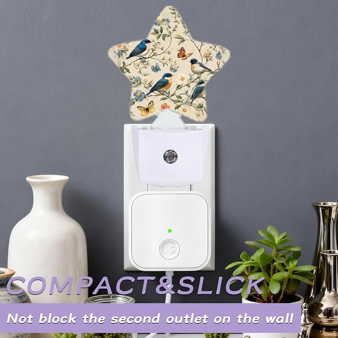 Birds Butterfly Decorative Nightlight Plug in Wall,Watercolor Floral Star Shaped Night Light with Built in Sensor for Home Decor,Kitchen Hallway Stairs Desk Lamp