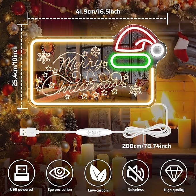 16.5 x 10’’ Mirror Merry Christmas Neon Sign, Carving LED Sign with Santa Hat, USB Powered Dimmable Switch for Xmas Party Kids Bedroom Bar Pub Club-Christmas Gift Decorations